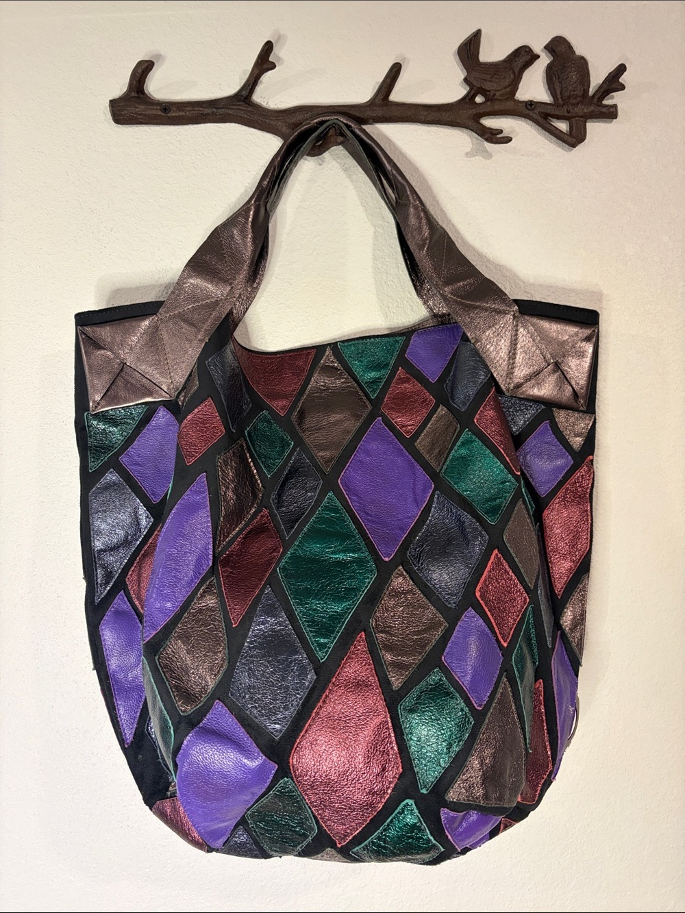 Dautore Brazilian leather suede diamond patchwork large designer hobo tote bag